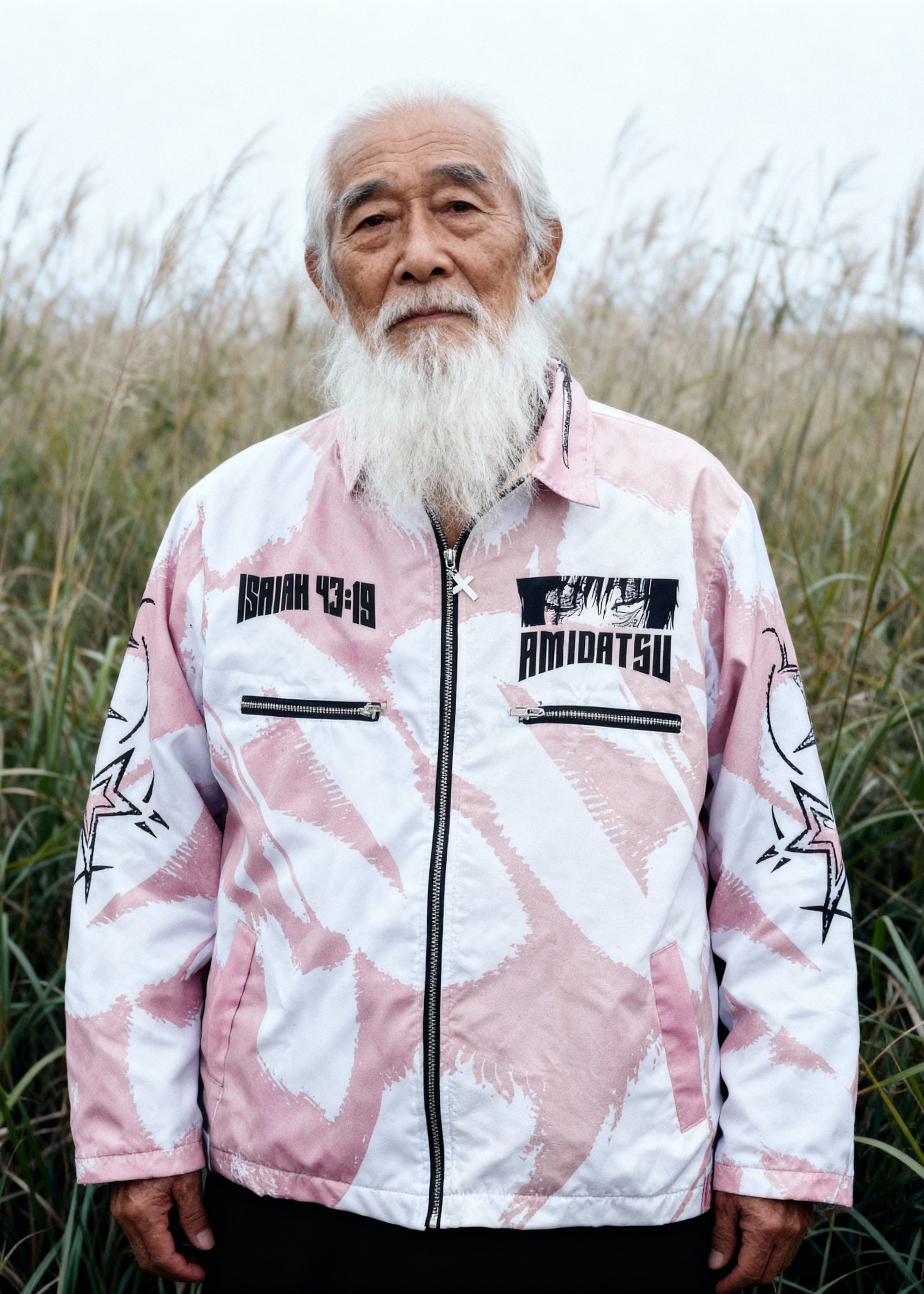 Man wearing a pink and white jacket with text standing in tall grass