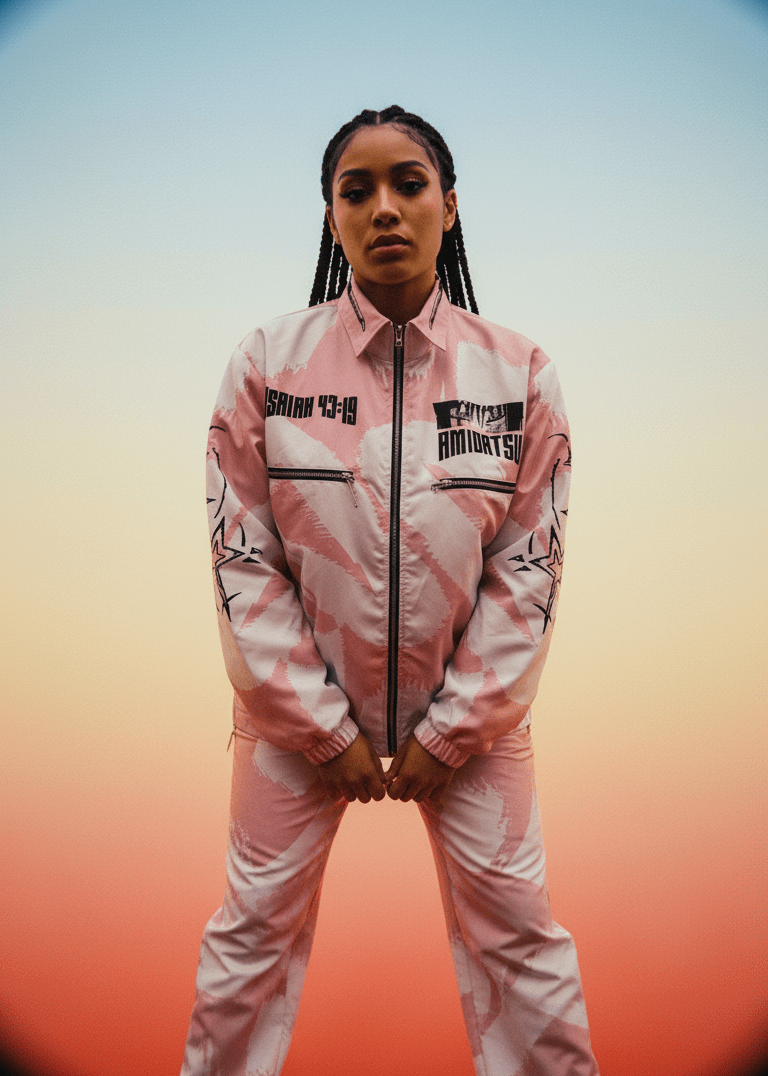 Person wearing a pink tracksuit with text on it against a gradient background