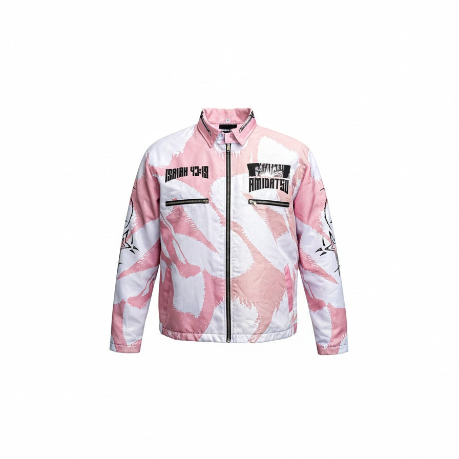 Pink and white camouflage jacket with brand logo on a white background