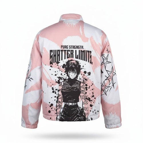 Pink and white jacket with graphic design and text on a white background