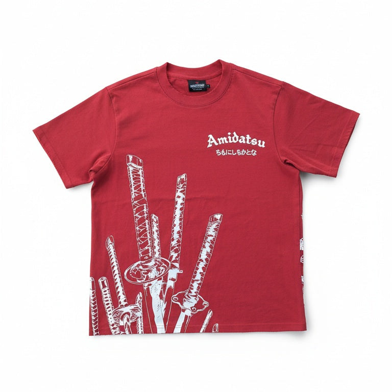 Red t-shirt with white graphic design on a white background